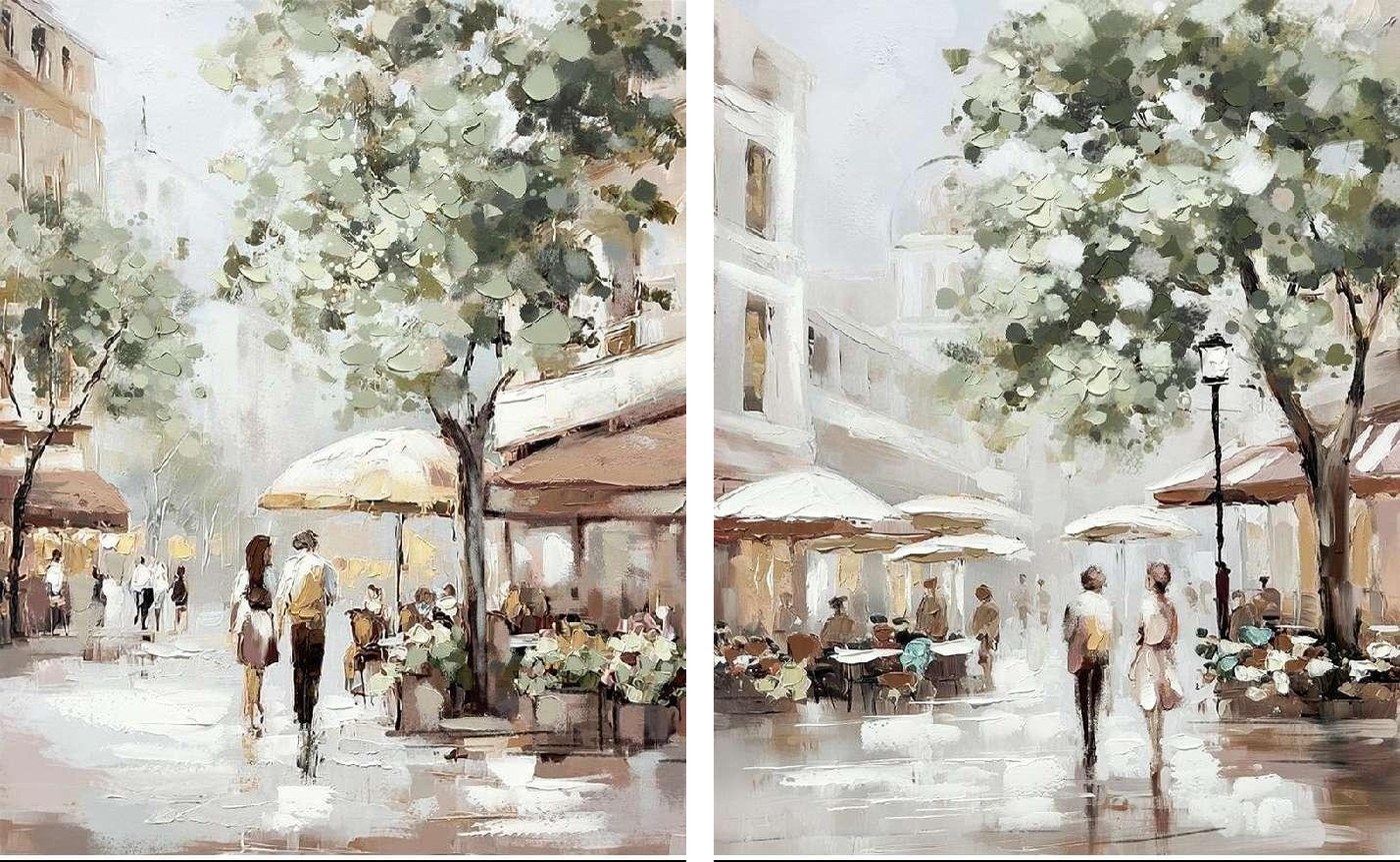 Café Terrace Duo — European street café pair, impressionist hand-painted