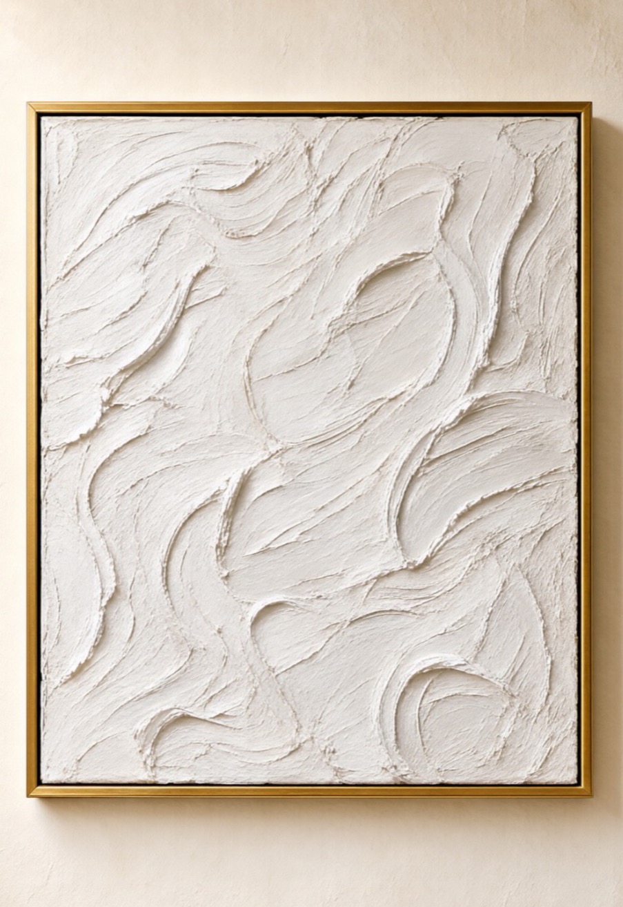 White plaster textured canvas art with palette-knife pattern, gold frame