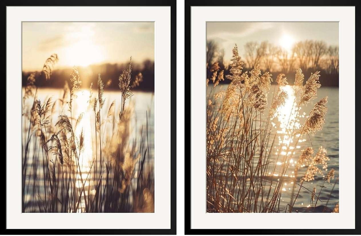 Golden Reeds Duo — wild golden reeds pair, textured palette-knife work