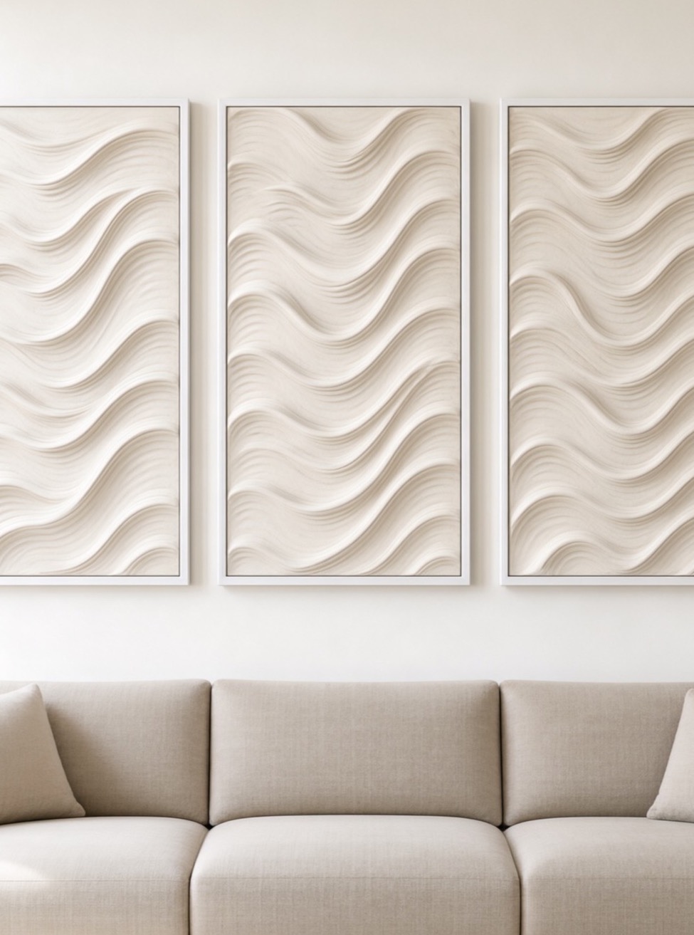 Ivory Wave triptych — three ivory plaster relief panels, white frames