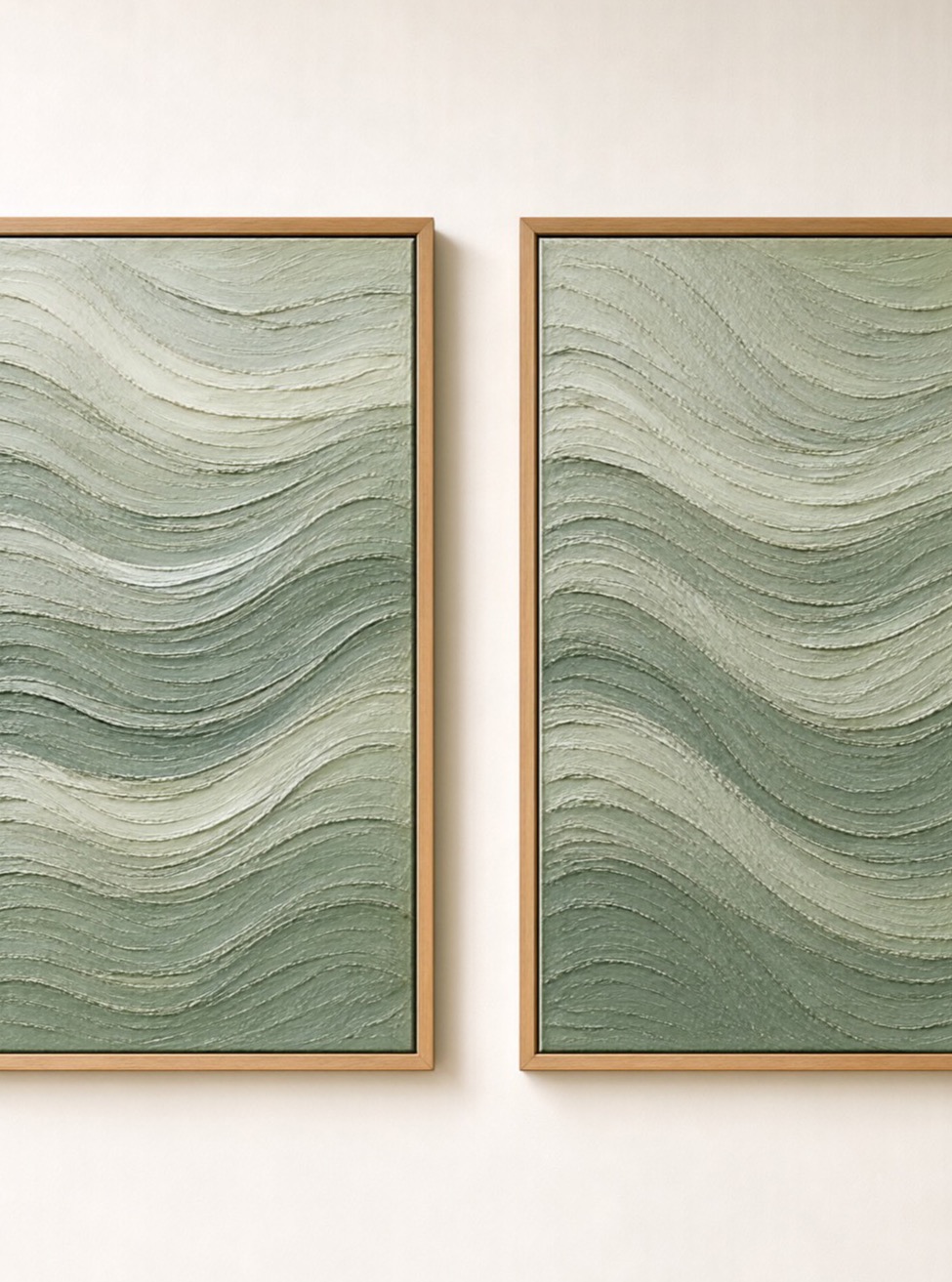 Sage Tide diptych — two sage-green textured paintings, oak frames
