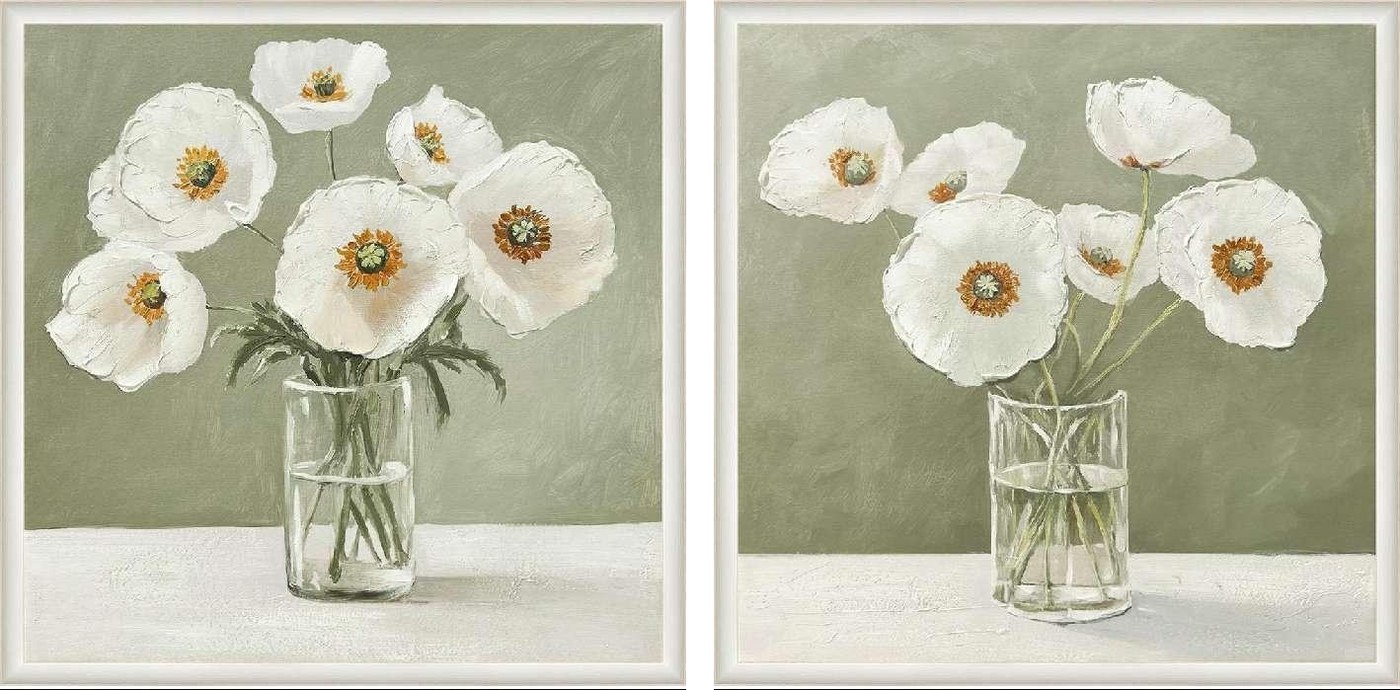White Poppy Duo — white poppies in glass jars, paired set of 2